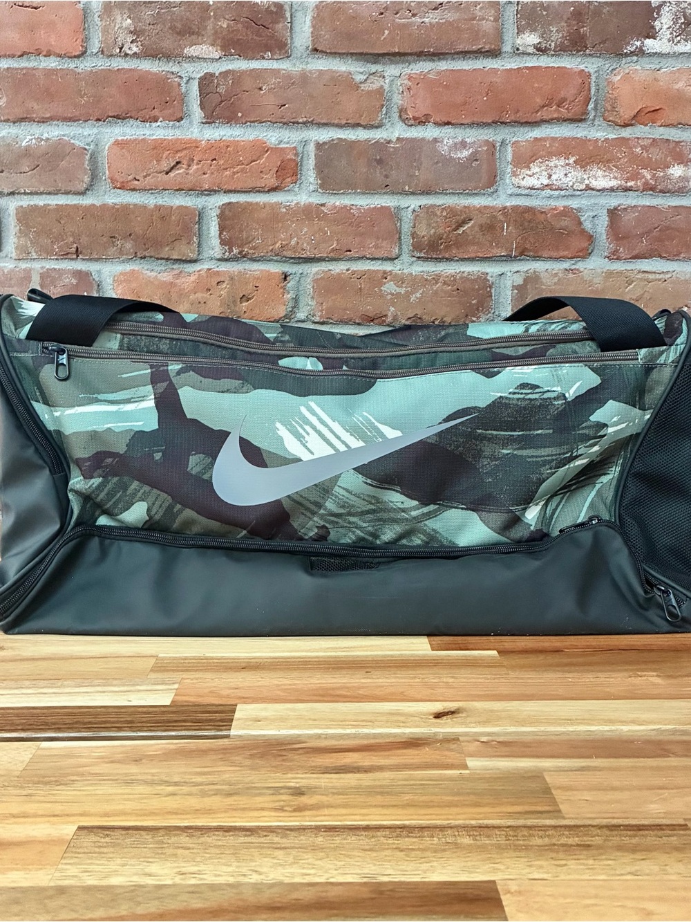Nike Green Camo Duffel Bag with Gray Swoosh
